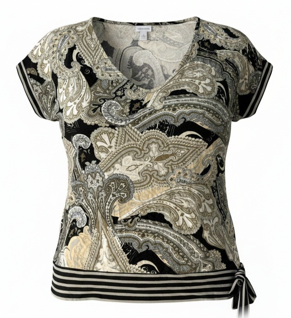 Lascana Sz L Black Tan Paisley Boho V-Neck Tie Hem Tee T-Shirt Top New
